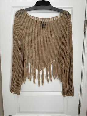Buckle Tan Open-Knit Fringe Poncho Sweater